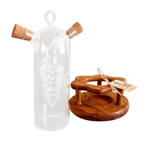 Διάφανο μπουκάλι για το λάδι και το ξύδι 2 σε 1 σε καταπληκτική βάση με ξύλο ελιάς -image2-733