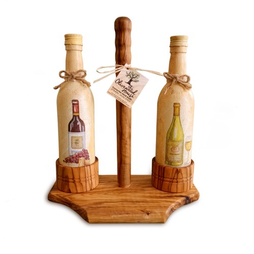 Wooden Base With Painted Bottles For Olive Oil & Vinegar